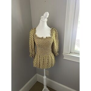 Max Studio Top Women's M Knit 3/4‎ Ruffle Sleeve Square Neck Yellow Floral